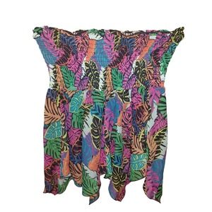 No Boundaries Tropical Leaf Smocked Off The Shoulder Top XL Multi Color Boho